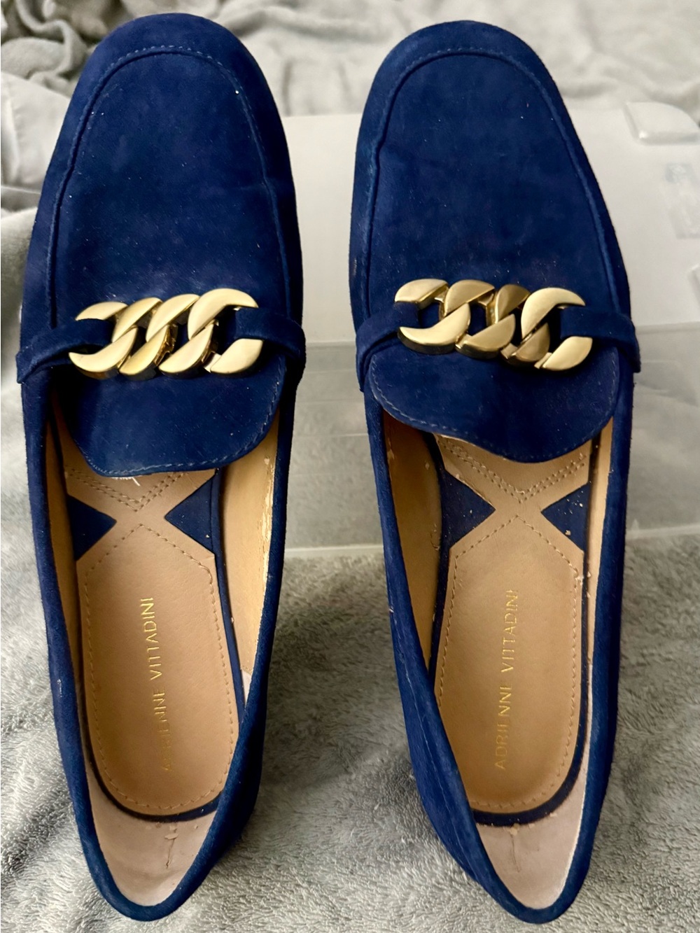 ONE WORLD Navy Suede Loafers with Gold Chain Detail